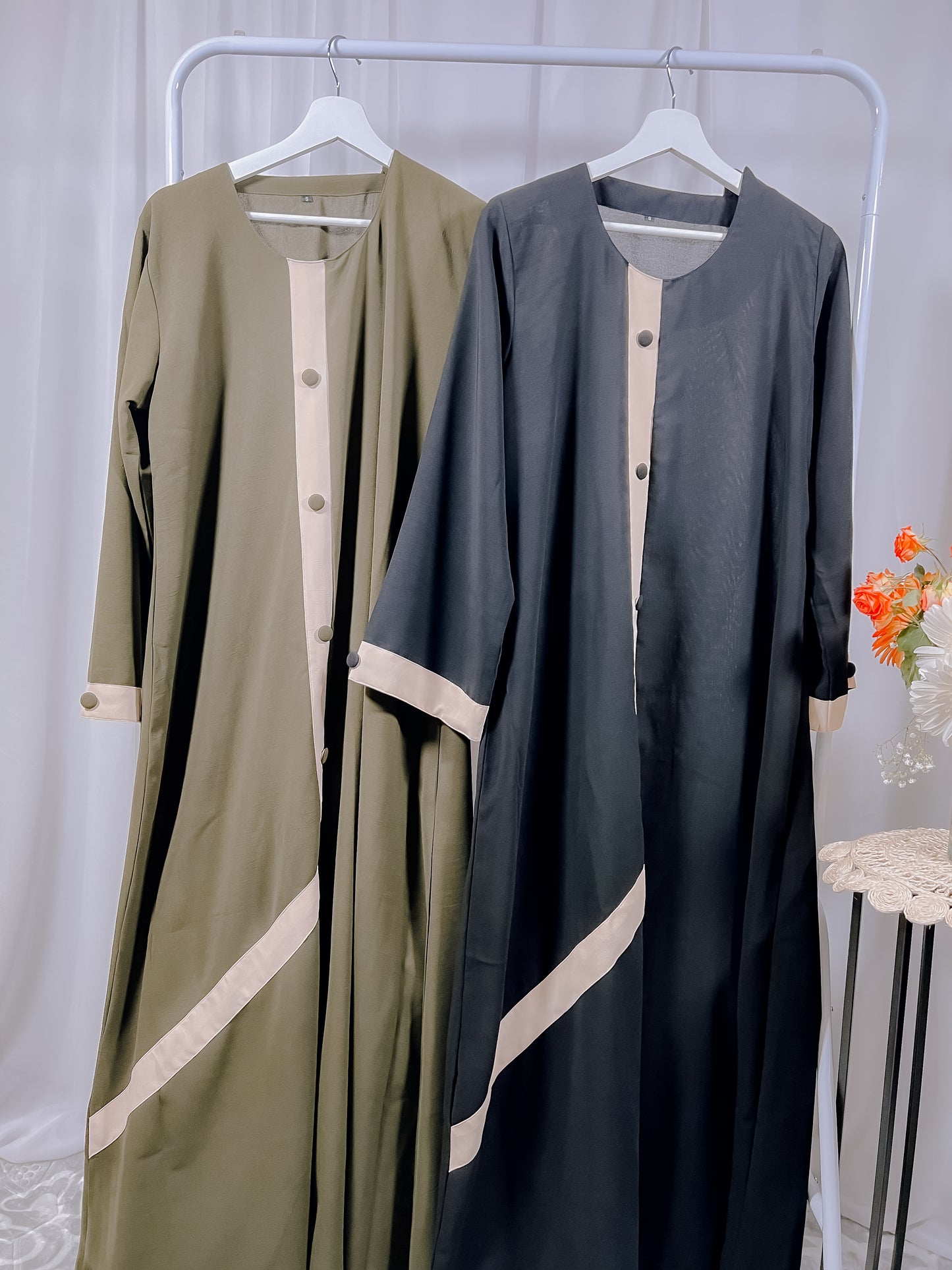 Olive Green Abaya with cream band on the front