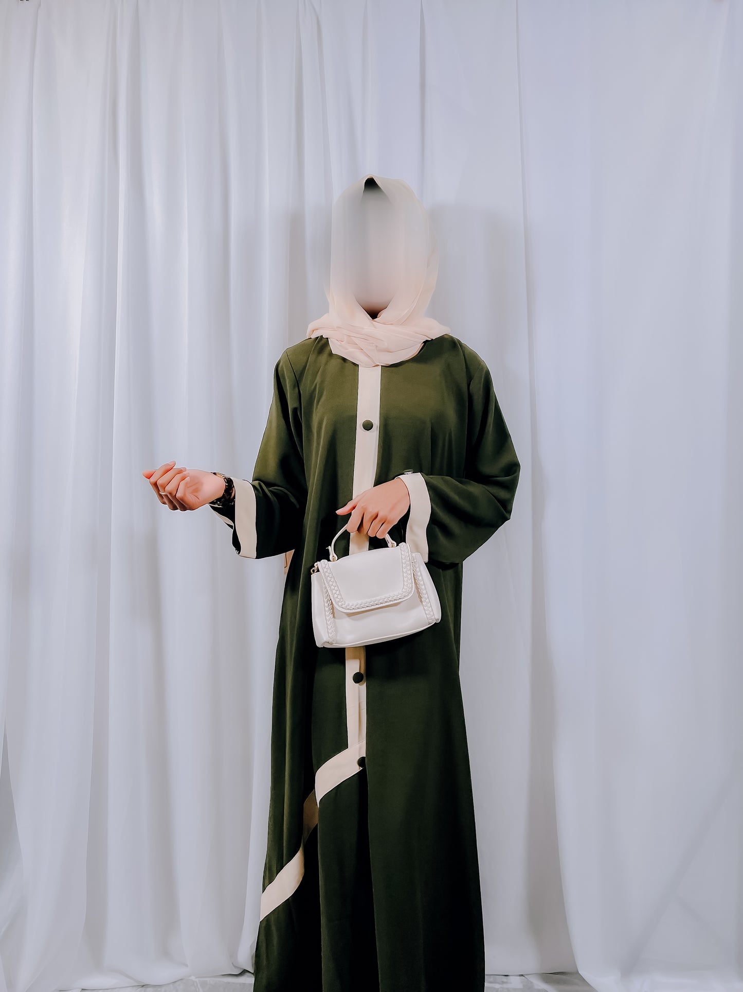Olive Green Abaya with cream band on the front