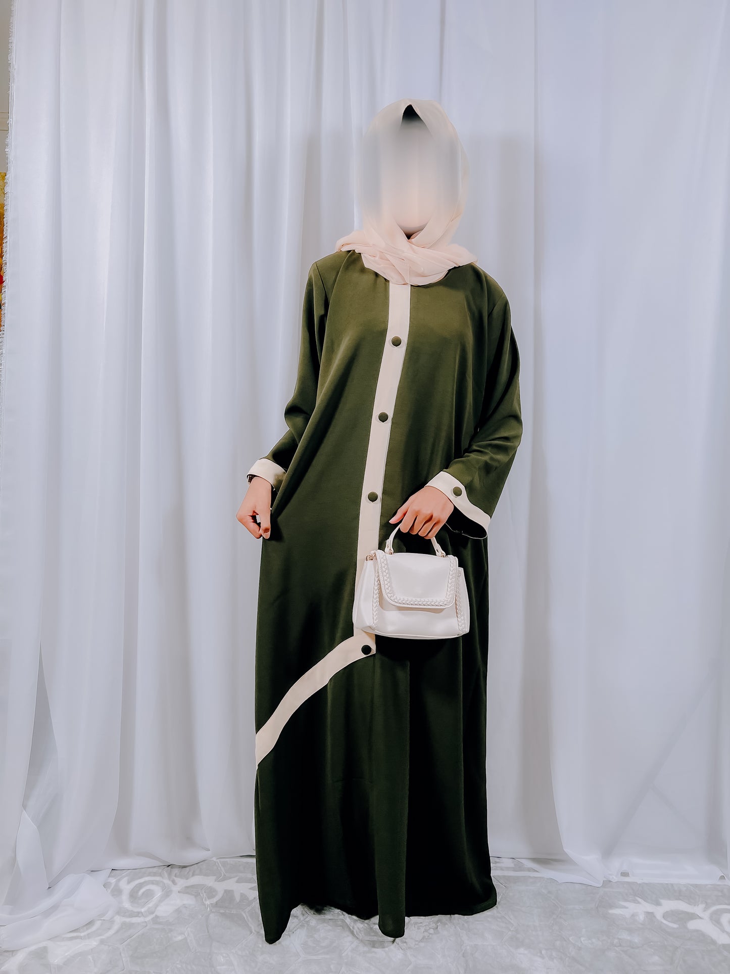 Olive Green Abaya with cream band on the front