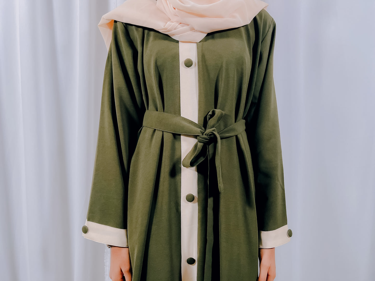Olive Green Abaya with cream band on the front